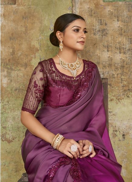 Purple Satin Embroidered Party-Wear Boutique Saree