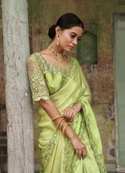 Light Green Satin Embroidered Party-Wear Boutique Saree