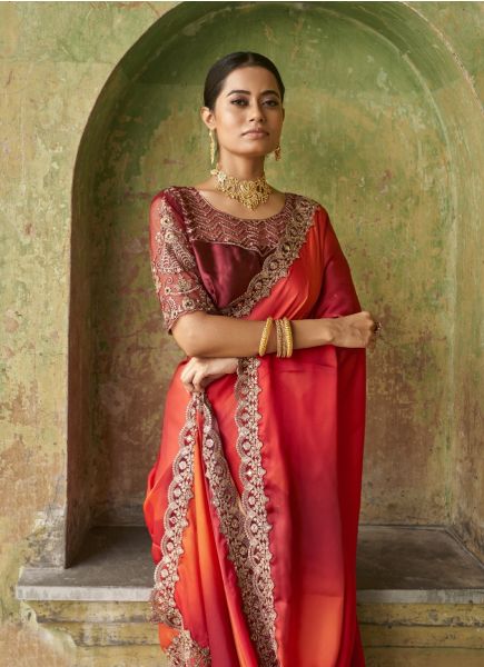 Red Satin Embroidered Party-Wear Boutique Saree