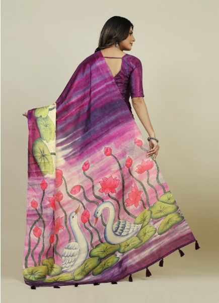 Purple Tusser Silk Floral Digitally Printed Saree For Kitty Parties