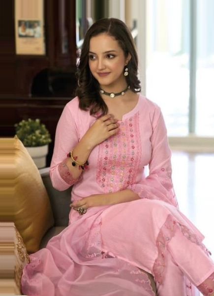 Light Pink Cotton Embroidered Party-Wear Organza-Dupatta Readymade Salwar Kameez