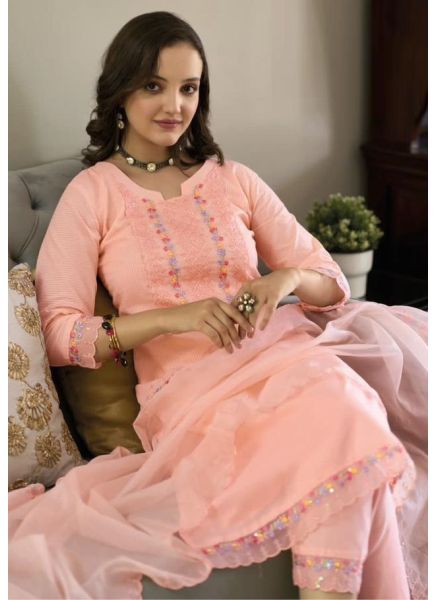 Light Salmon Pink Cotton Embroidered Party-Wear Organza-Dupatta Readymade Salwar Kameez