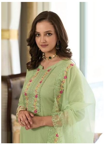 Light Green Cotton Embroidered Party-Wear Organza-Dupatta Readymade Salwar Kameez