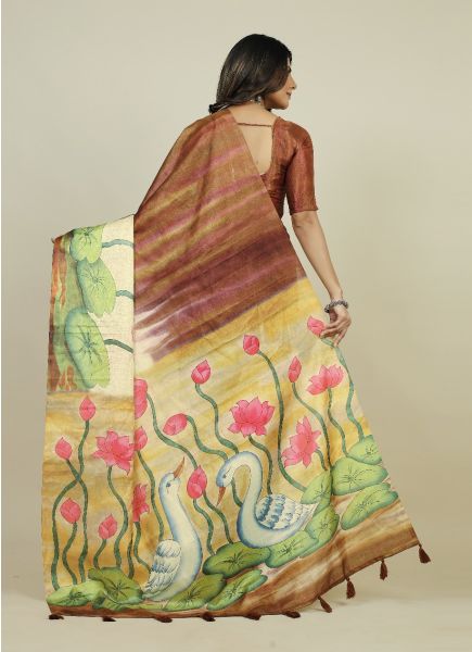 Dark Coral Tusser Silk Floral Digitally Printed Saree For Kitty Parties