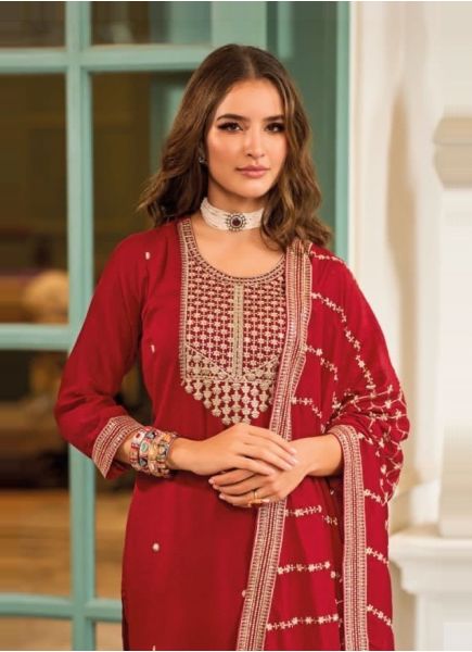 Red Silk Embroidered Karwa-Chauth Special Readymade Salwar Kameez