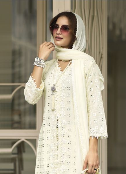 White Faux Georgette Mirror-Work Party-Wear Pakistani Readymade Salwar Kameez