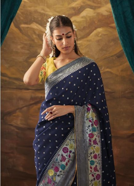 Navy Blue Banarasi Dola Silk Weaving Saree For Traditional / Religious Occasions