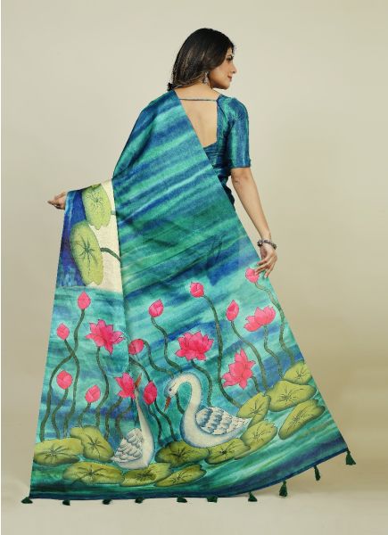 Teal Blue Tusser Silk Floral Digitally Printed Saree For Kitty Parties