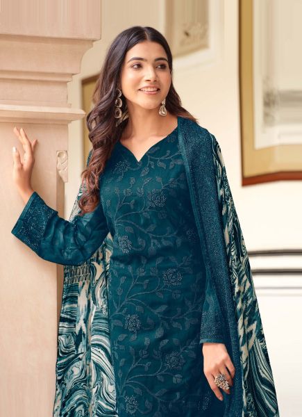 Sea Blue Georgette Embroidered Straight-Cut Salwar Kameez For Traditional / Religious Occasions