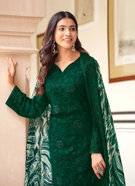 Green Georgette Embroidered Straight-Cut Salwar Kameez For Traditional / Religious Occasions