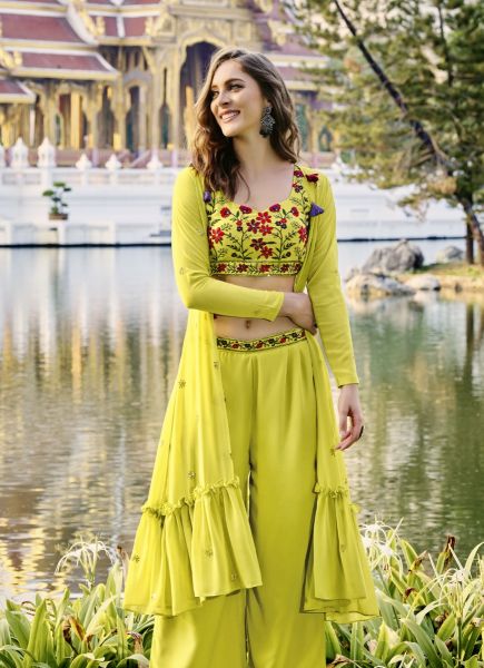Lime Yellow Georgette Sequins-Work Party-Wear Choli & Bottom With Shrug