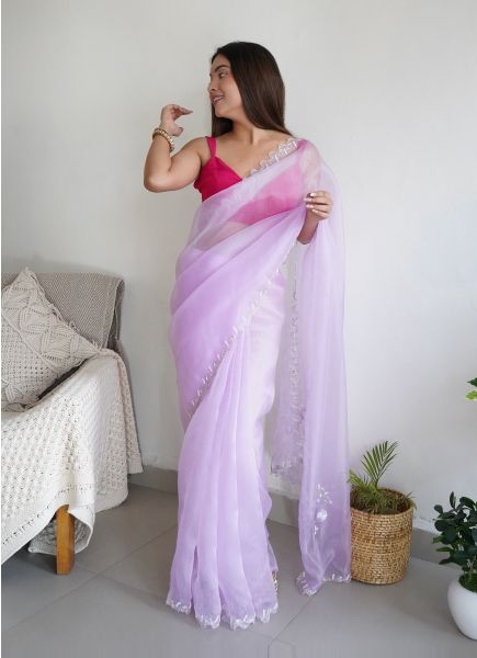 Lilac Organza Aari-Work Party-Wear Boutique-Style Saree