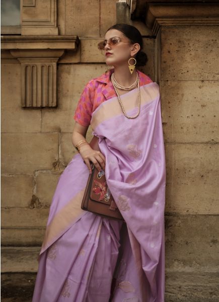 Lilac Soft Silk Handloom Woven Party-Wear Saree