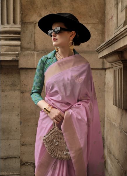 Light Pink Soft Silk Handloom Woven Party-Wear Saree