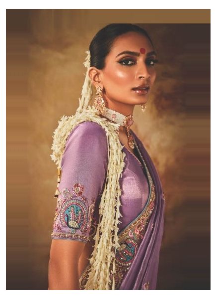 Lilac Kanjivaram Silk Hand Embroidered Wedding-Wear Saree