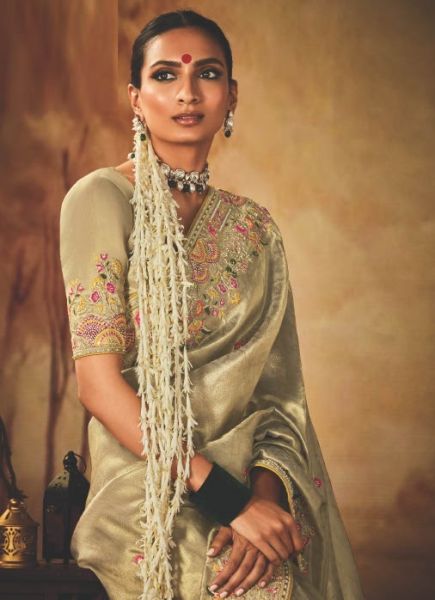 Beige Kanjivaram Silk Hand Embroidered Wedding-Wear Saree