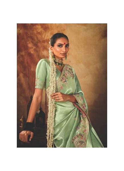 Light Green Kanjivaram Silk Hand Embroidered Wedding-Wear Saree