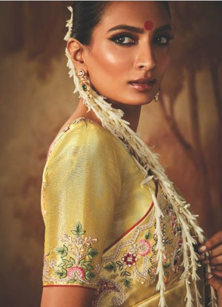 Yellow Kanjivaram Silk Hand Embroidered Wedding-Wear Saree