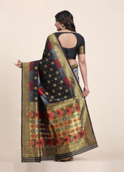 Black Banarasi Art Woven Silk Festive-Wear Jacquard Saree
