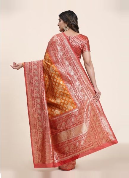 Orange Banarasi Art Woven Silk Festive-Wear Jacquard Saree