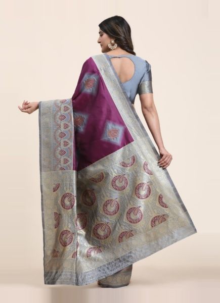Purple Banarasi Art Woven Silk Festive-Wear Jacquard Saree