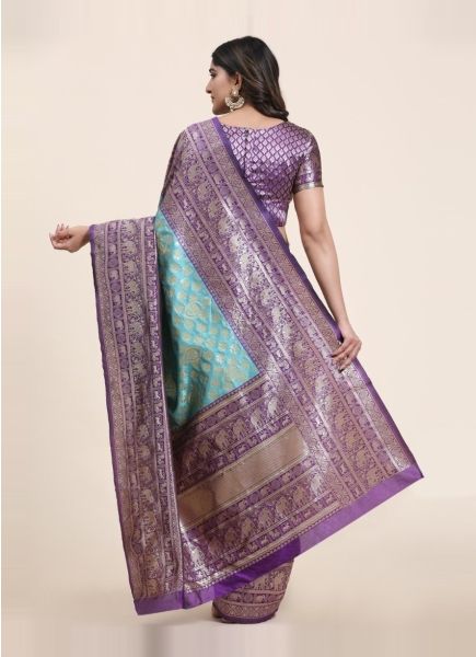 Light Blue Banarasi Art Woven Silk Festive-Wear Jacquard Saree