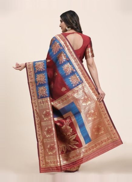 Maroon Banarasi Art Woven Silk Festive-Wear Jacquard Saree