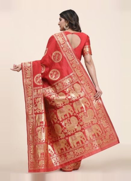 Red Banarasi Art Woven Silk Festive-Wear Jacquard Saree
