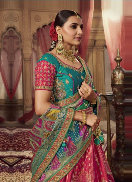Dark Pink Banarasi Silk Handworked Wedding-Wear Bridal Lehenga Choli