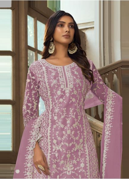 Lilac Net Embroidered Festive-Wear Straight-Cut Salwar Kameez