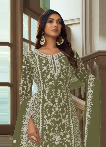 Olive Green Net Embroidered Festive-Wear Straight-Cut Salwar Kameez