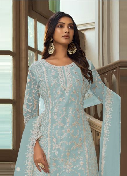 Light Sky Blue Net Embroidered Festive-Wear Straight-Cut Salwar Kameez