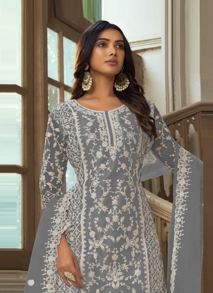 Gray Net Embroidered Festive-Wear Straight-Cut Salwar Kameez