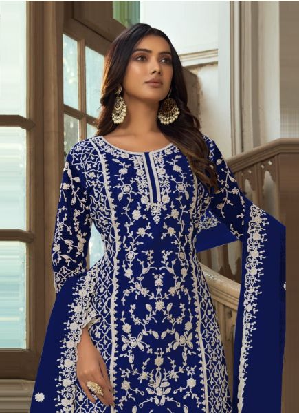 Blue Embroidered Festive-Wear Straight-Cut Salwar Kameez