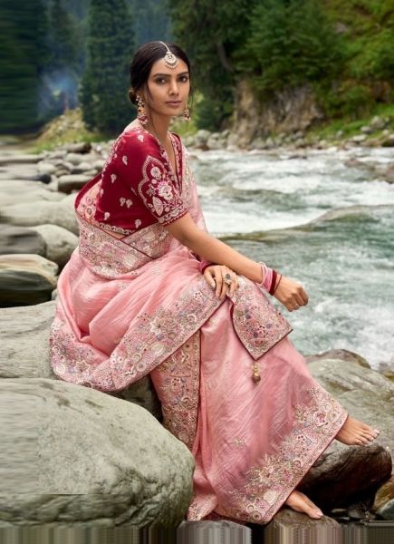 Light Pink Silk Hand Embroidered Wedding-Wear Saree