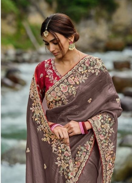 Light Mauve Silk Hand Embroidered Wedding-Wear Saree