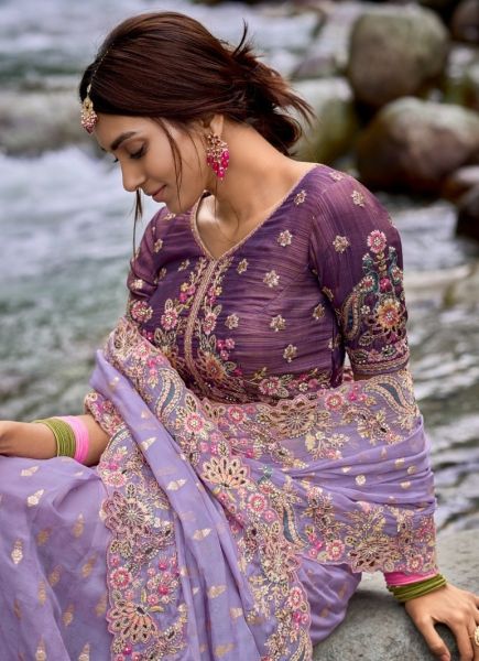 Lavender Silk Hand Embroidered Wedding-Wear Saree