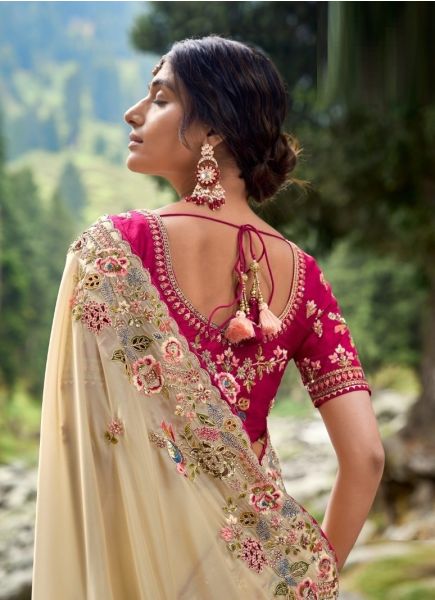 Cream Silk Hand Embroidered Wedding-Wear Saree