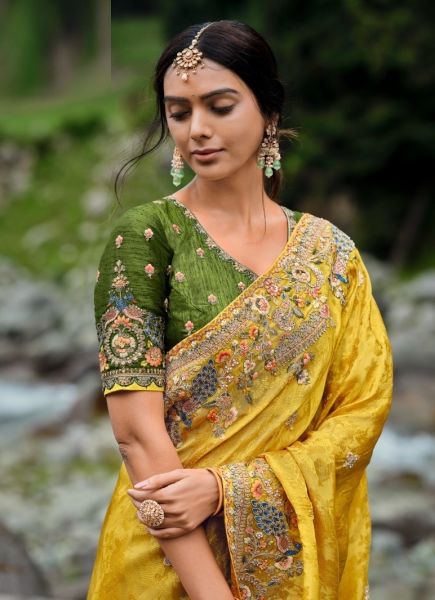 Yellow Silk Hand Embroidered Wedding-Wear Saree