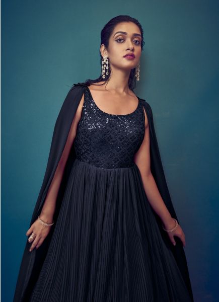 Dark Navy Blue Georgette Thread, Embroidery & Sequins-Work Party-Wear Readymade Gown With Dupatta