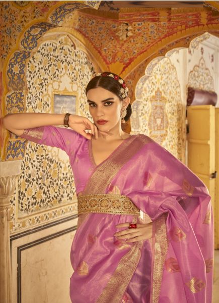 Hot Pink Banarasi Tissue Silk Zari Weaving Festive-Wear Saree