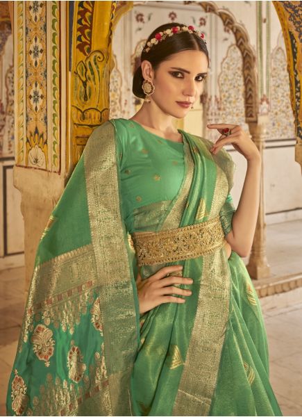 Parrot Green Banarasi Tissue Silk Zari Weaving Festive-Wear Saree