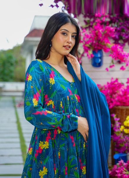 Blue Muslin Silk Digitally Printed Party-Wear Anarkali Readymade Salwar Kameez