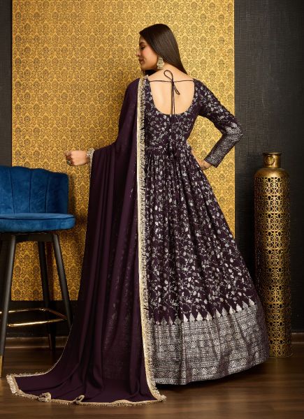 Dark Wine Georgette Foil-Work Party-Wear Readymade Gown With Dupatta [With Belt]