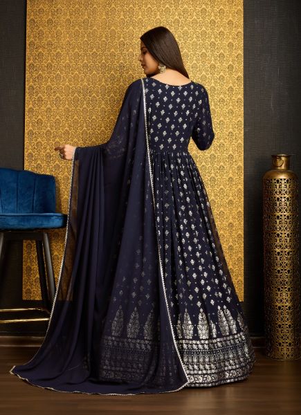 Navy Blue Georgette Foil-Work Party-Wear Readymade Gown With Dupatta [With Belt]