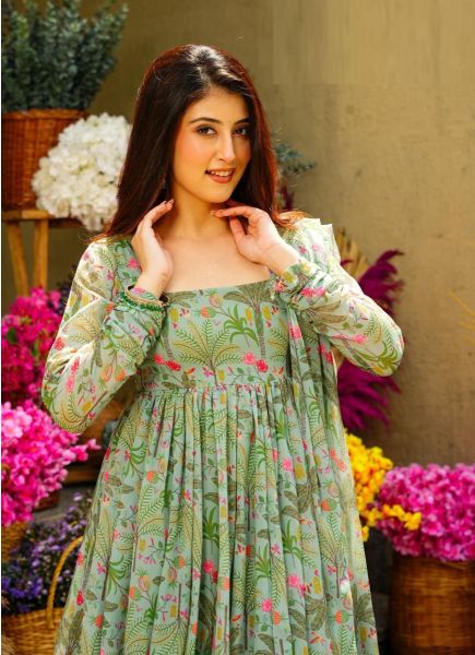 Pista Green Muslin Silk Digitally Printed Party-Wear Anarkali Readymade Salwar Kameez