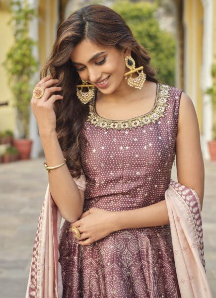 Mauve Silk Bandhani Printed Party-Wear Readymade Gown With Dupatta