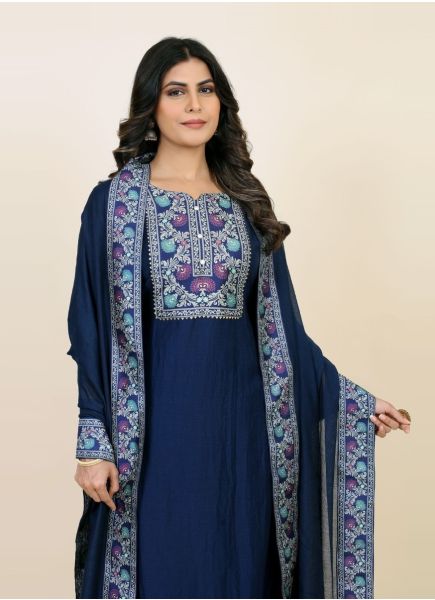 Blue Chinon Woven Silk Pant-Bottom Readymade Salwar Kameez For Traditional / Religious Occasions