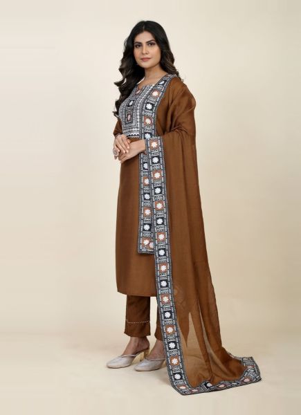 Brown Chinon Woven Silk Pant-Bottom Readymade Salwar Kameez For Traditional / Religious Occasions