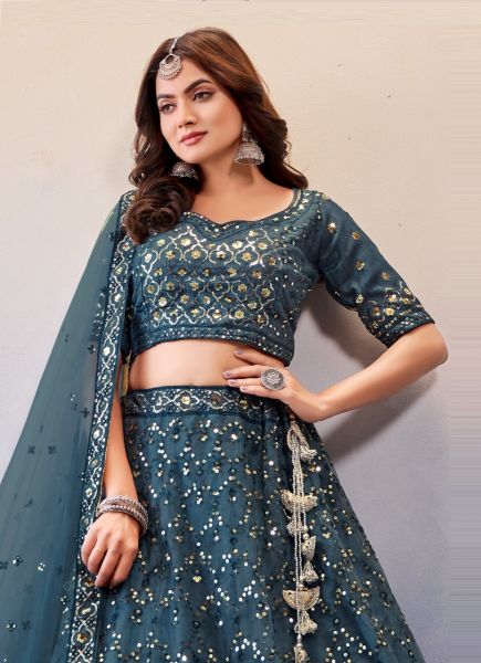Sea Blue Net Embroidery & Gotta-Patti Work Party-Wear Lehenga Choli [With Can-Can]